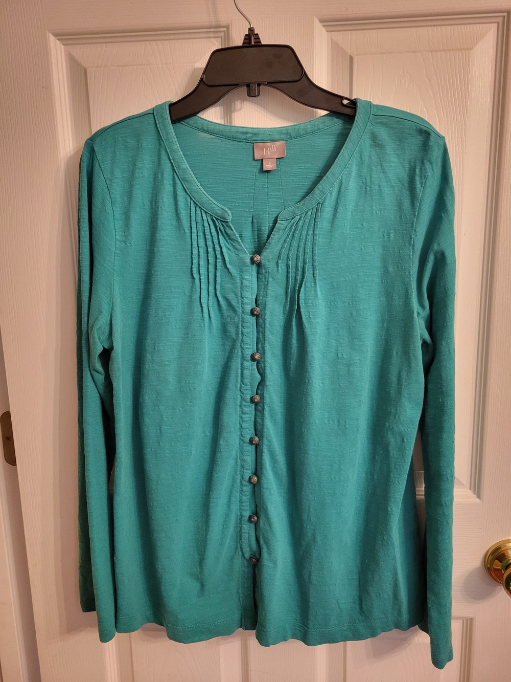 J. Jill Teal Button-Front Pintuck Long-Sleeve Shirt